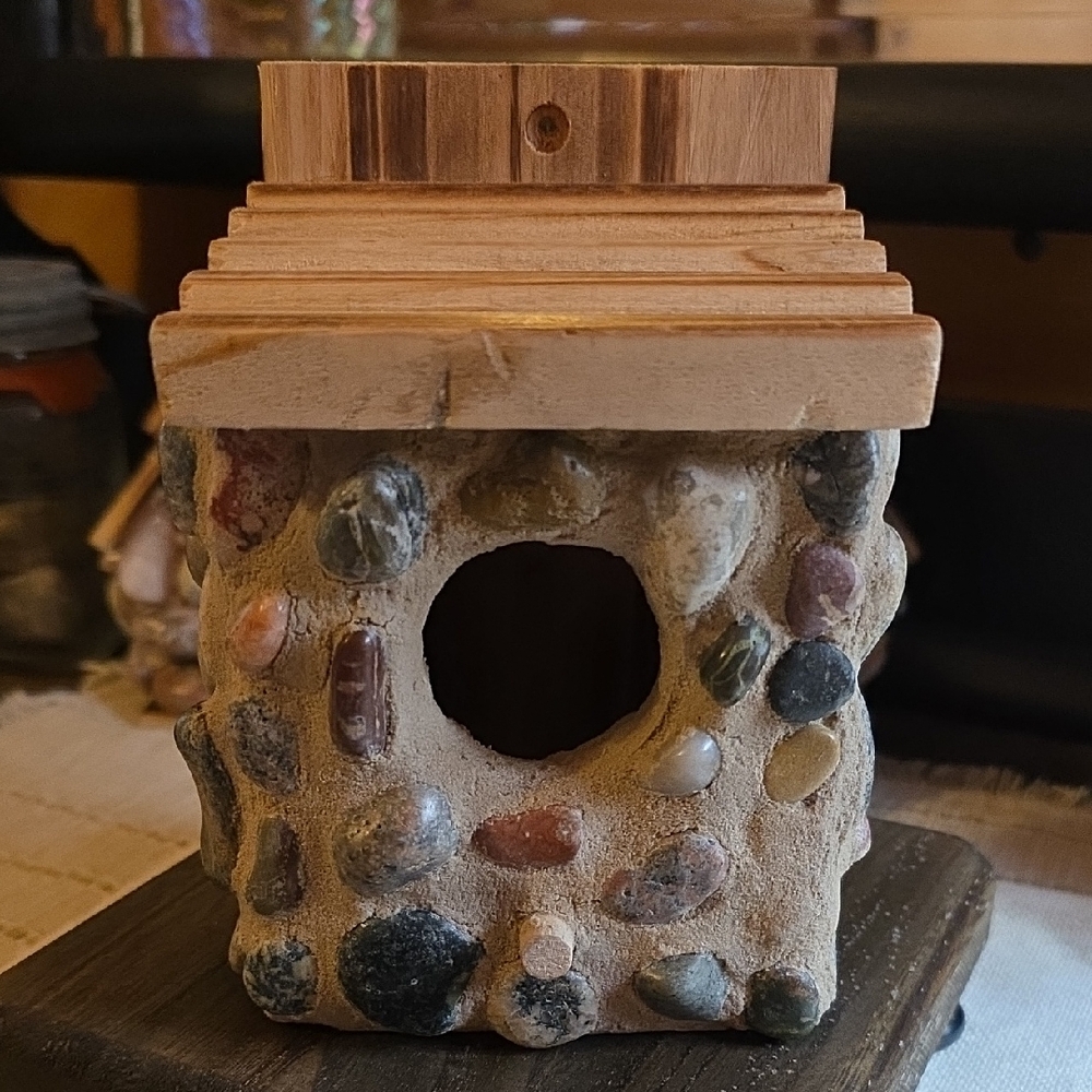 Rustic Stone and Wood Handmade Birdhouse